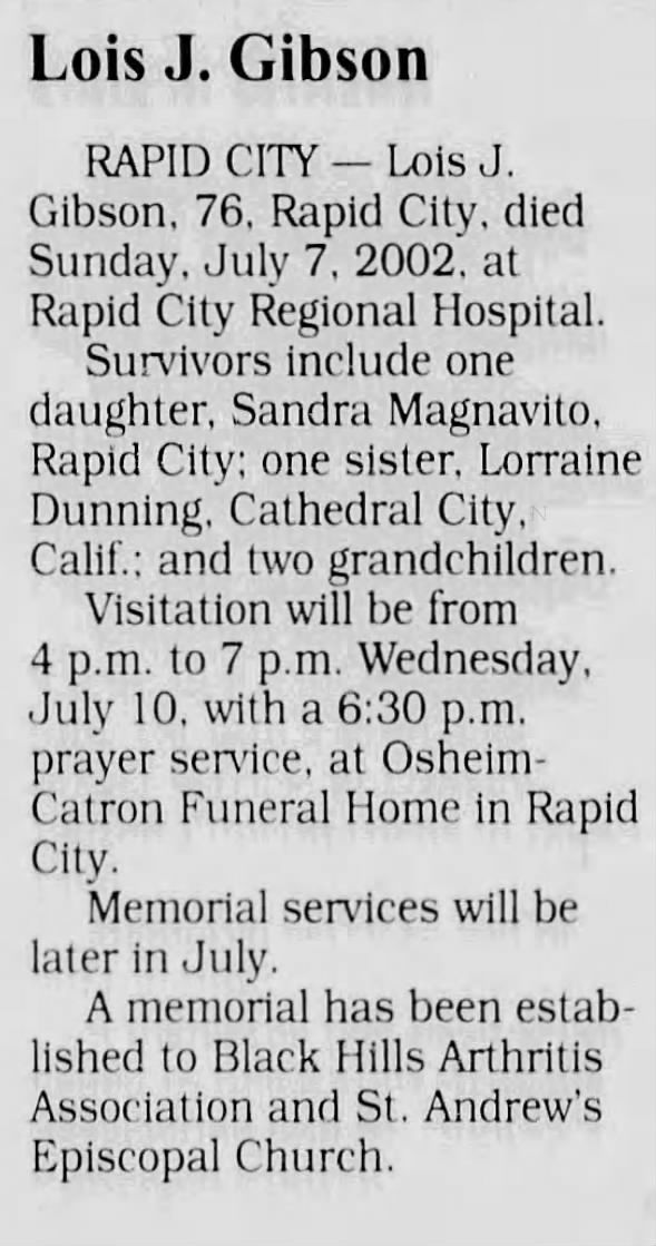 Obituary for Lois J. Gibson (Aged 76)